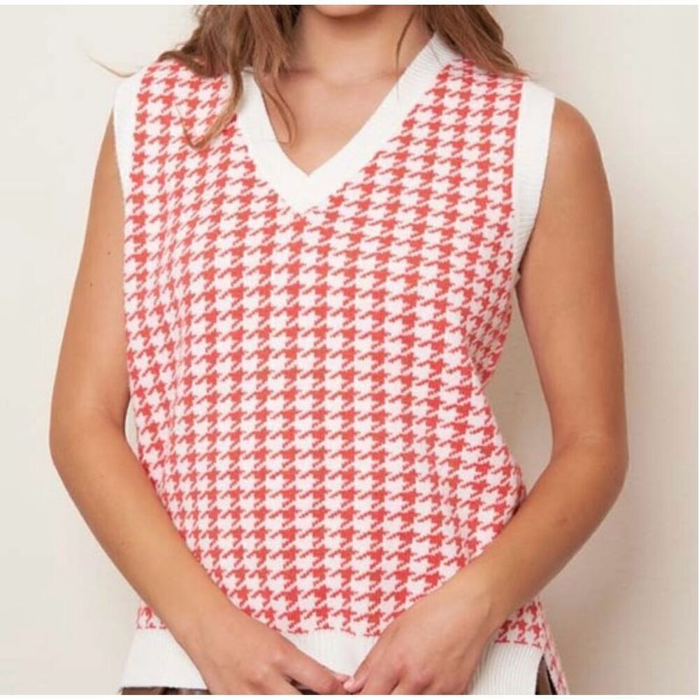 Houndstooth Sweater Vest Orange Coral